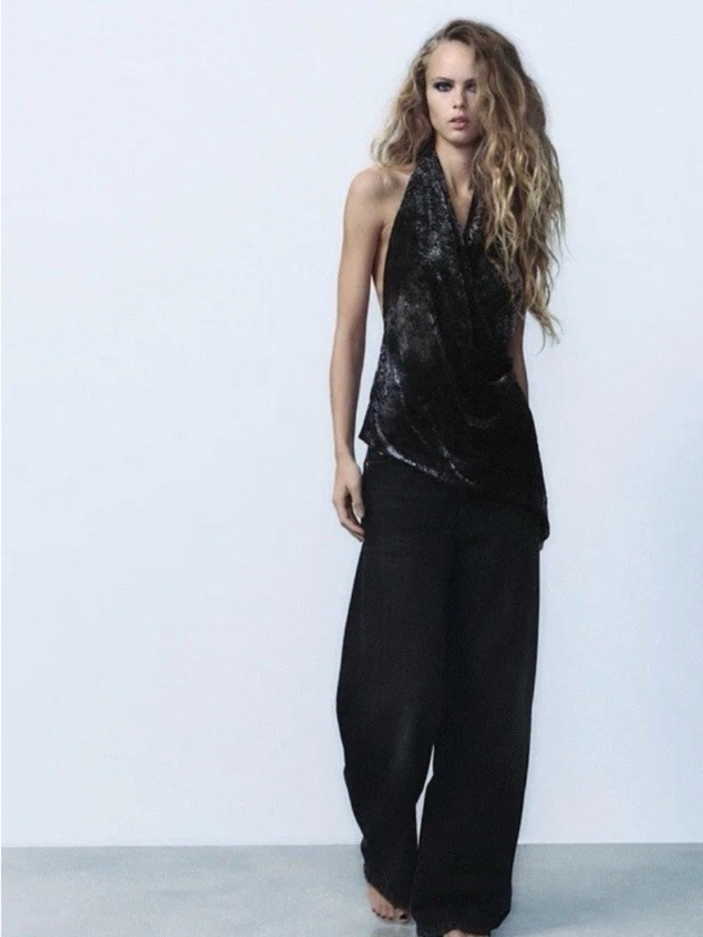 Zara Backless V-neck Flocked Velvet Halterneck Top in Black Burnout Size Medium